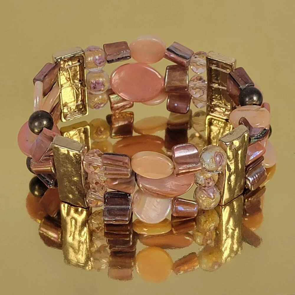 Gold Tone Pink Mother Of Pearl And Millefiori Glass Beaded Stretch Bracelet 7 In - Picture 1 of 7